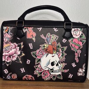 NWT Ed Hardy Bag Handbag Satchel Crossbody Tattoo Skull Love Kills Vegan Black